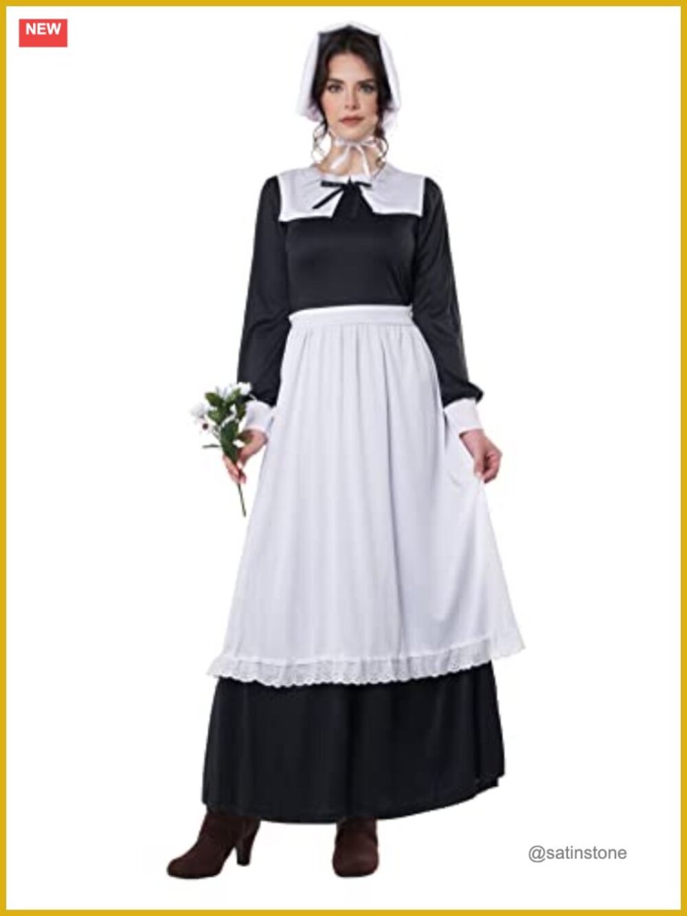 Pilgrim Woman Costume with Bonnet Apron Collar Adult Size Large